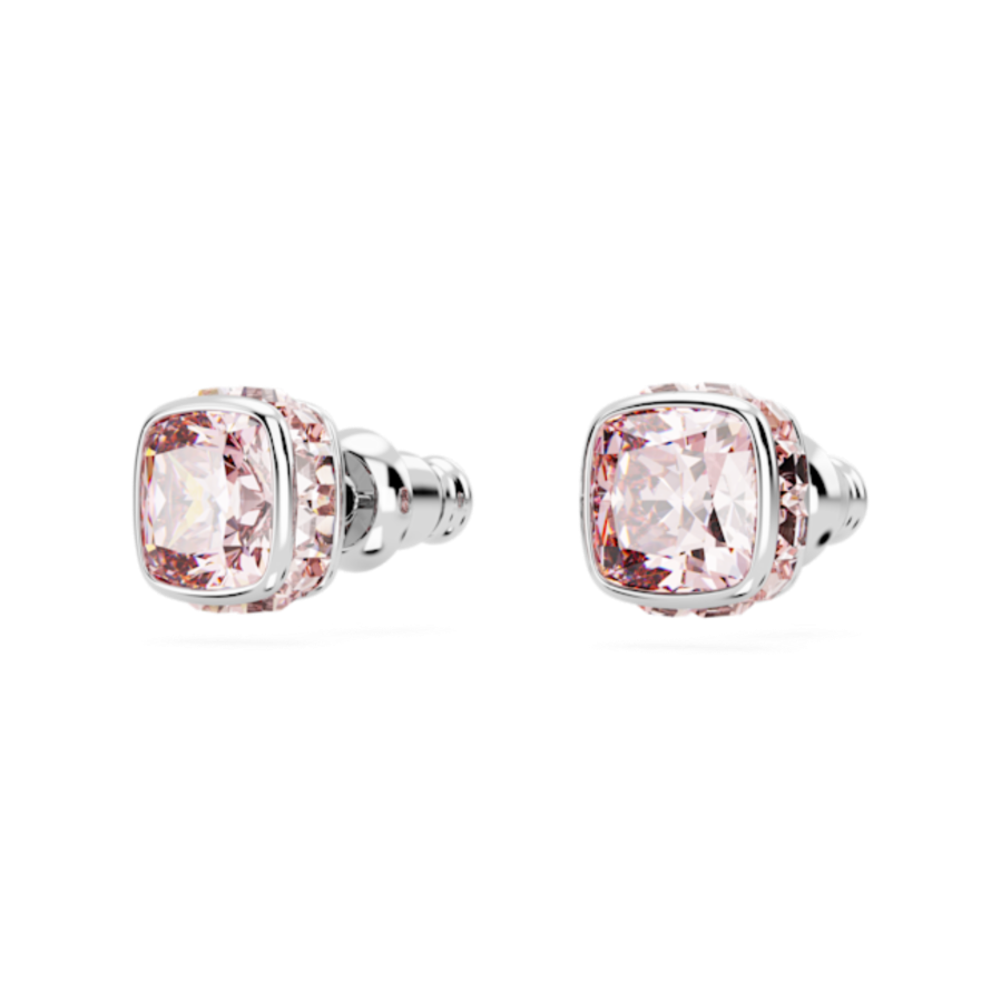 Resim Birthstone düğme Küpeler, Kare kesim, Haziran, Pembe, Rodyum kaplama