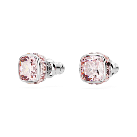 Resim Birthstone düğme Küpeler, Kare kesim, Haziran, Pembe, Rodyum kaplama