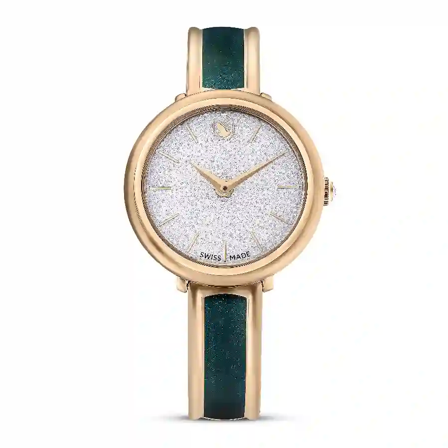 Resim Crystalline Bangle Saat, İsviçre Üretimi, Metal bileklik, Yeşil, Pembe altın rengi yüzey