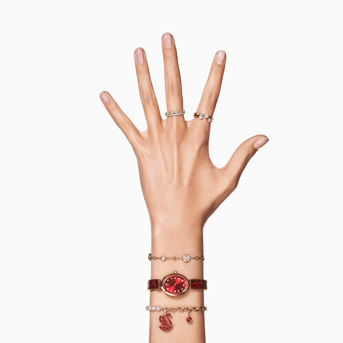Resim Swarovski Iconic Swan Bileklik, Kristal inci, Kuğu, Kırmızı, Altın rengi kaplama