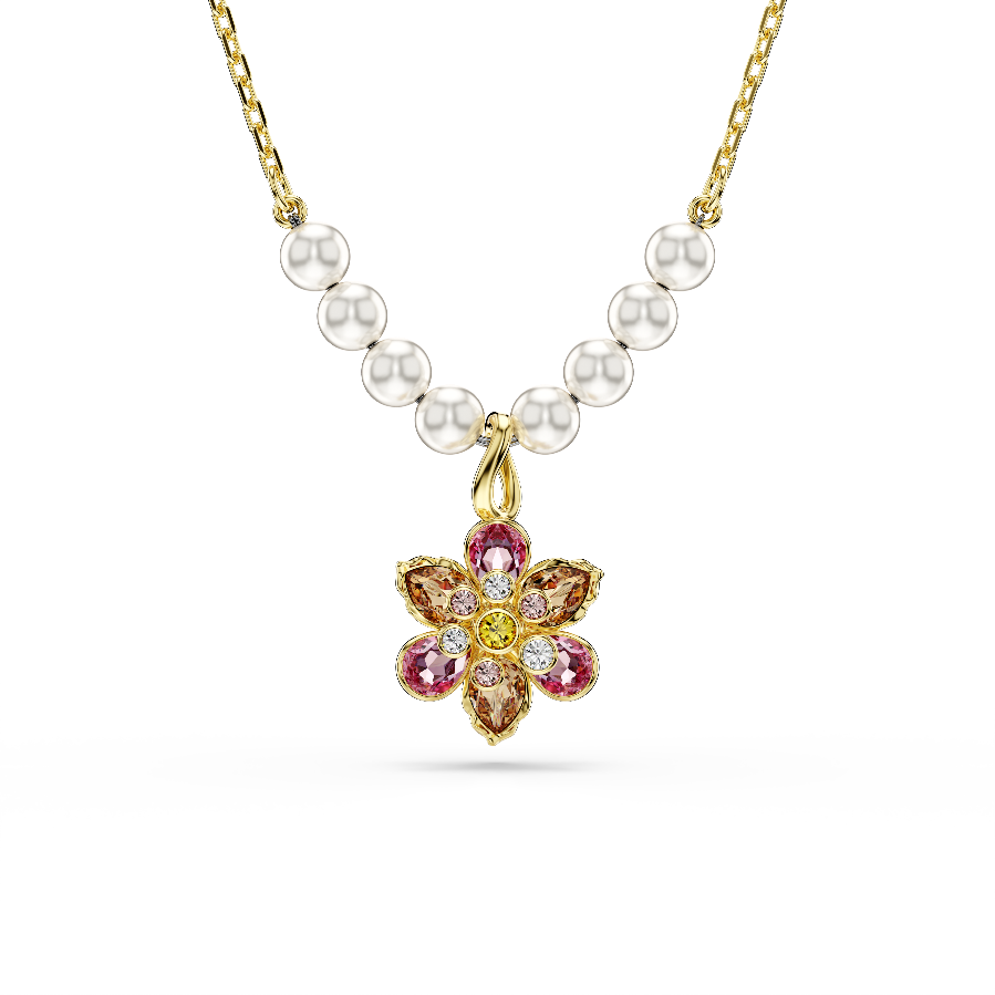 Resim Idyllia Kolye, Kristal inci, Karışık kesimler, Çiçek, Çok renkli, Altın rengi kaplama