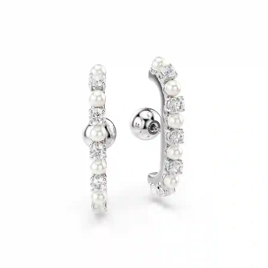 Resim Matrix Kelepçe Küpe, Set (3) Kristal inci, Yuvarlak kesim, Beyaz, Rodyum kaplama