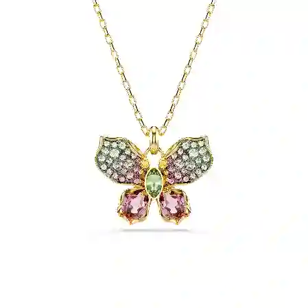 Resim Idyllia Kolye, Karışık kesimler, Pavé, Kelebek, Çok renkli, Altın rengi kaplama
