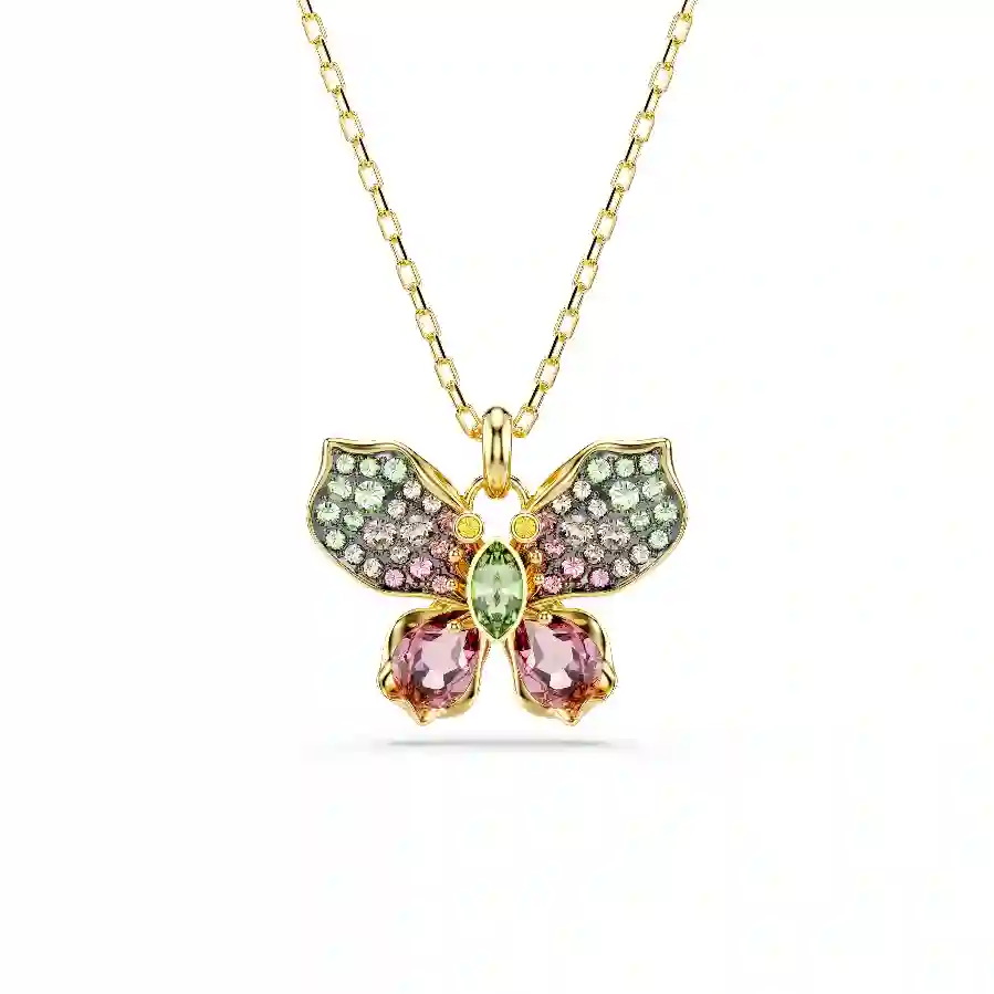 Resim Idyllia Kolye, Karışık kesimler, Pavé, Kelebek, Çok renkli, Altın rengi kaplama