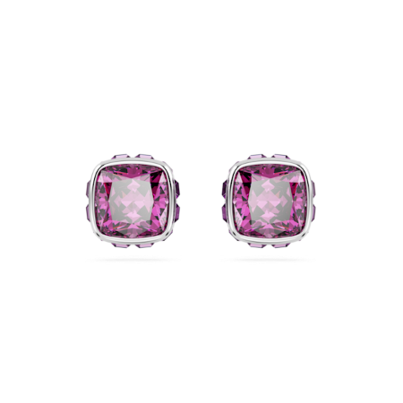 Resim Birthstone düğme Küpeler, Kare kesim, Şubat, Mor, Rodyum kaplama