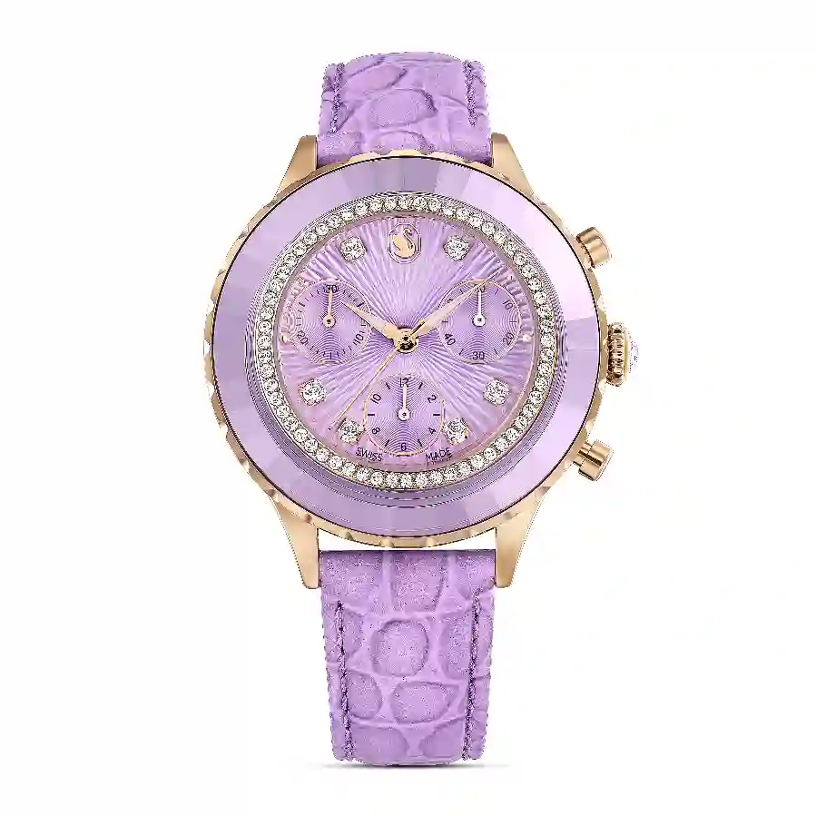 Resim Octea Chrono Saat, İsviçre Üretimi, Deri kayış, Mor, Pembe altın rengi yüzey