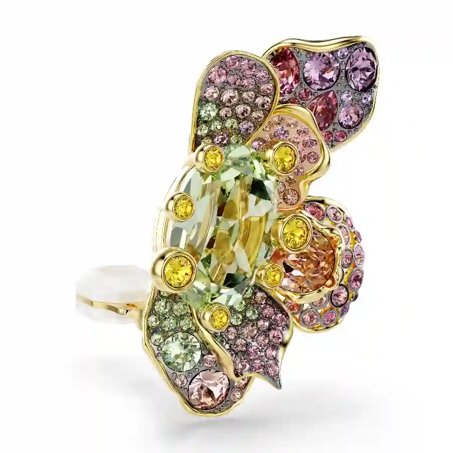 Resim Idyllia Klipsli Küpeler, Asimetrik tasarım, Karışık kesimler, Pavé, Çiçek, Çok renkli, Altın rengi kaplama