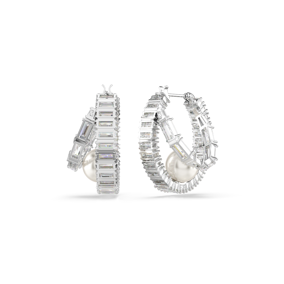 Resim Ariana Grande x Swarovski halka küpeler, Kristal inci, Baget kesim, Beyaz, Rodyum kaplama