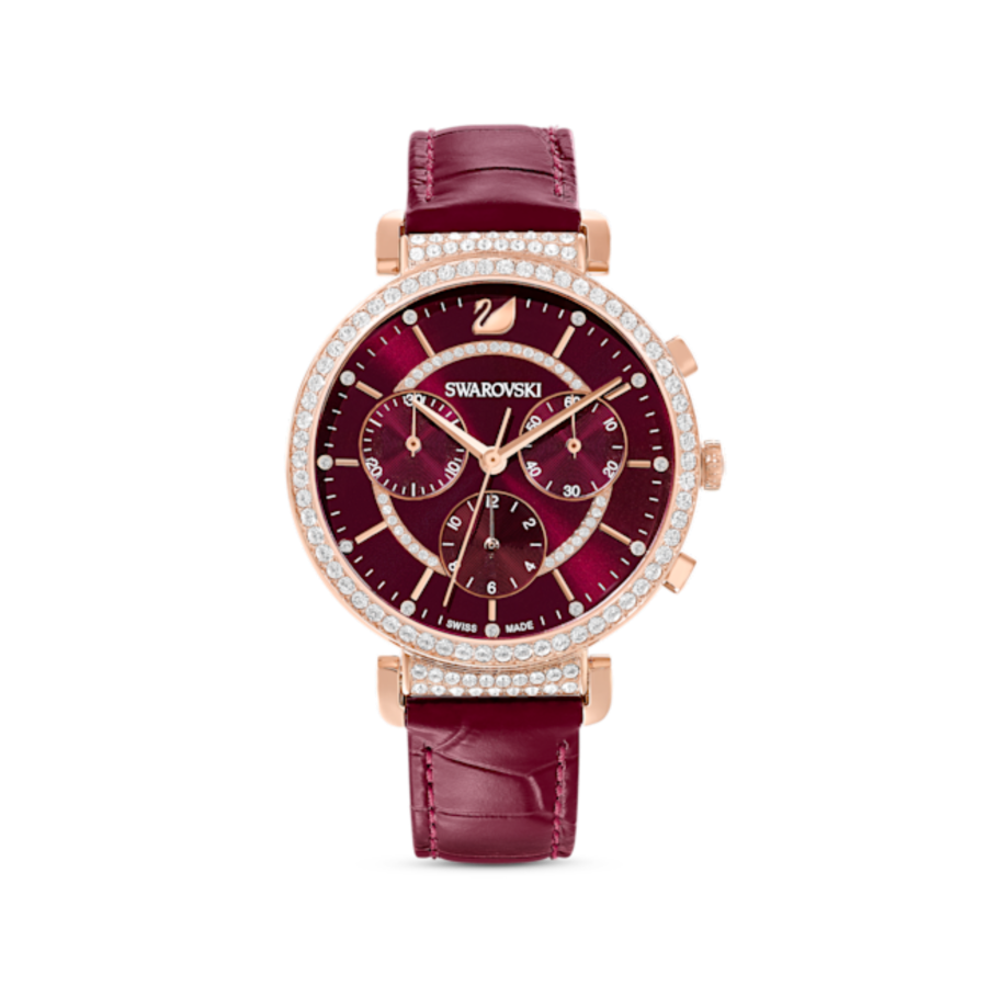 Resim Passage Chrono Saat, İsviçre Üretimi, Deri kayış, Kırmızı, Pembe altın rengi yüzey
