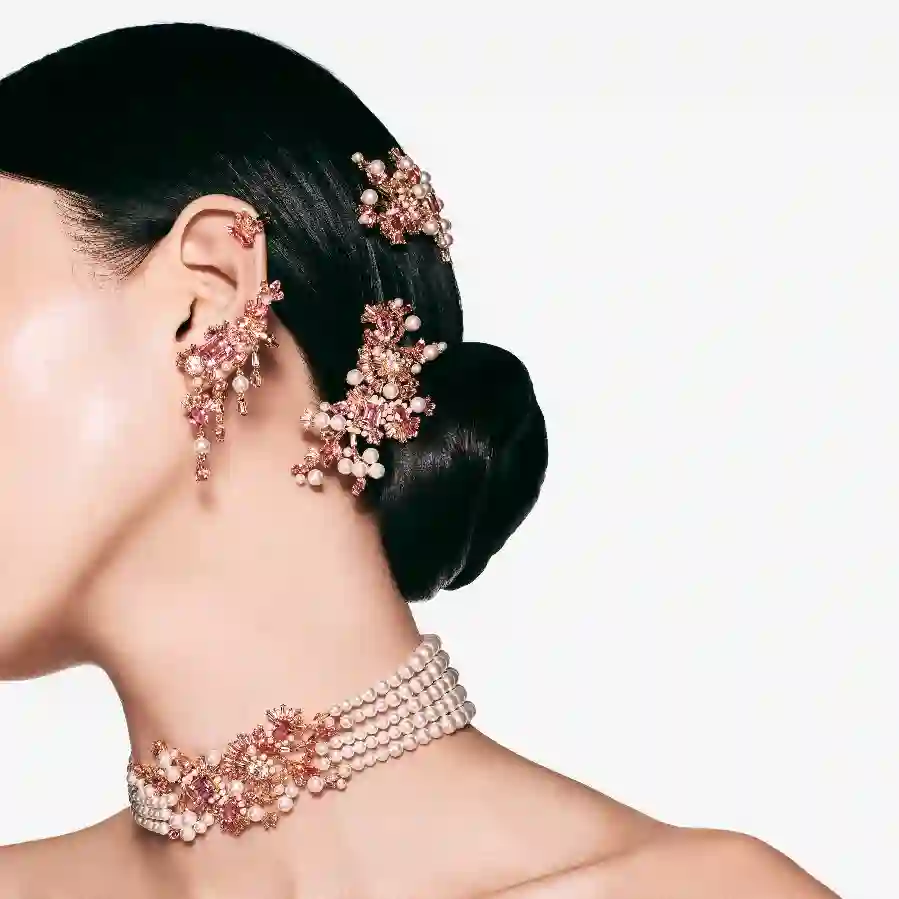 Resim Gema Saç Tokası, Kristal inci, Karışık kesimler, Çiçek, Pembe, Altın rengi kaplama