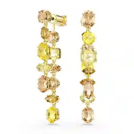 Resim Gema damla küpeler, Asimetrik tasarım, Karışık kesimler, Uzun, Sarı, Altın rengi kaplama