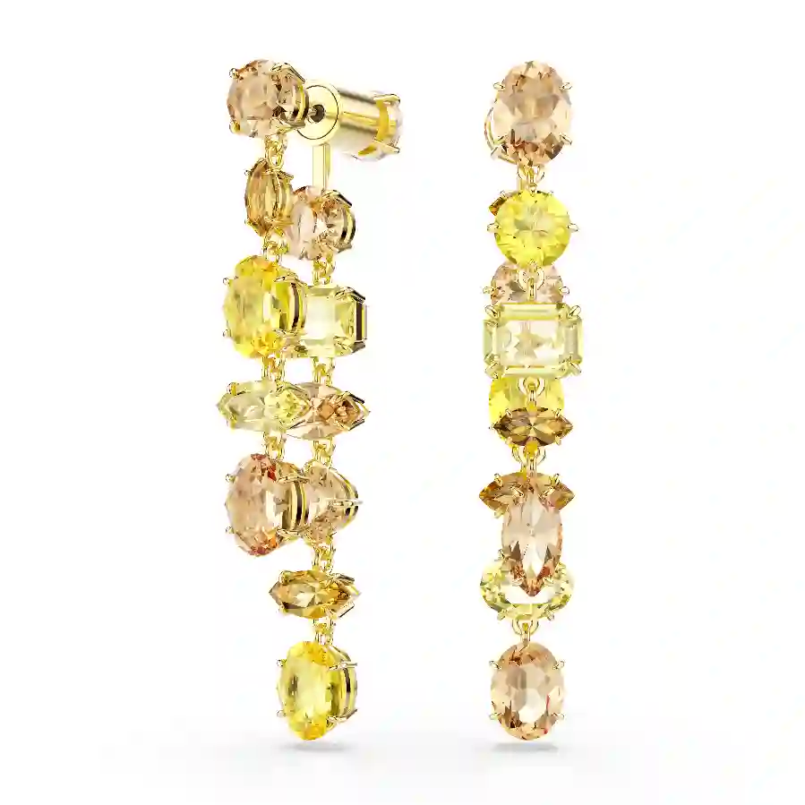 Resim Gema damla küpeler, Asimetrik tasarım, Karışık kesimler, Uzun, Sarı, Altın rengi kaplama