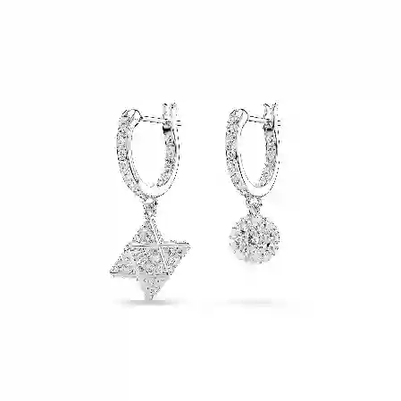 Resim Dextera damla küpeler, Asimetrik tasarım, Yuvarlak kesim, Yıldız ve küre, Beyaz, Rodyum kaplama