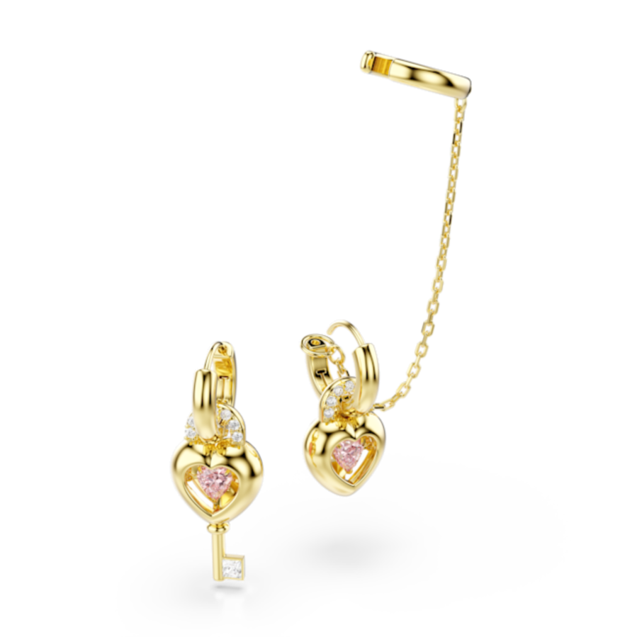 Resim Idyllia Kelepçe küpeli damla küpe, Karışık kesimler, Anahtarlı kalp, Pembe, Altın rengi kaplama