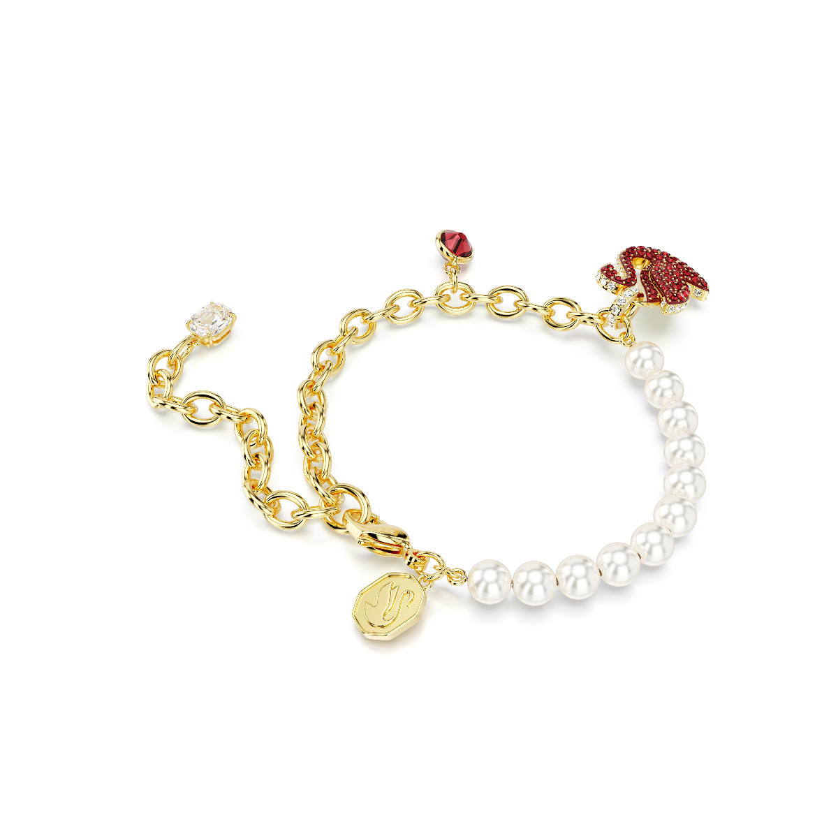 Resim Swarovski Iconic Swan Bileklik, Kristal inci, Kuğu, Kırmızı, Altın rengi kaplama