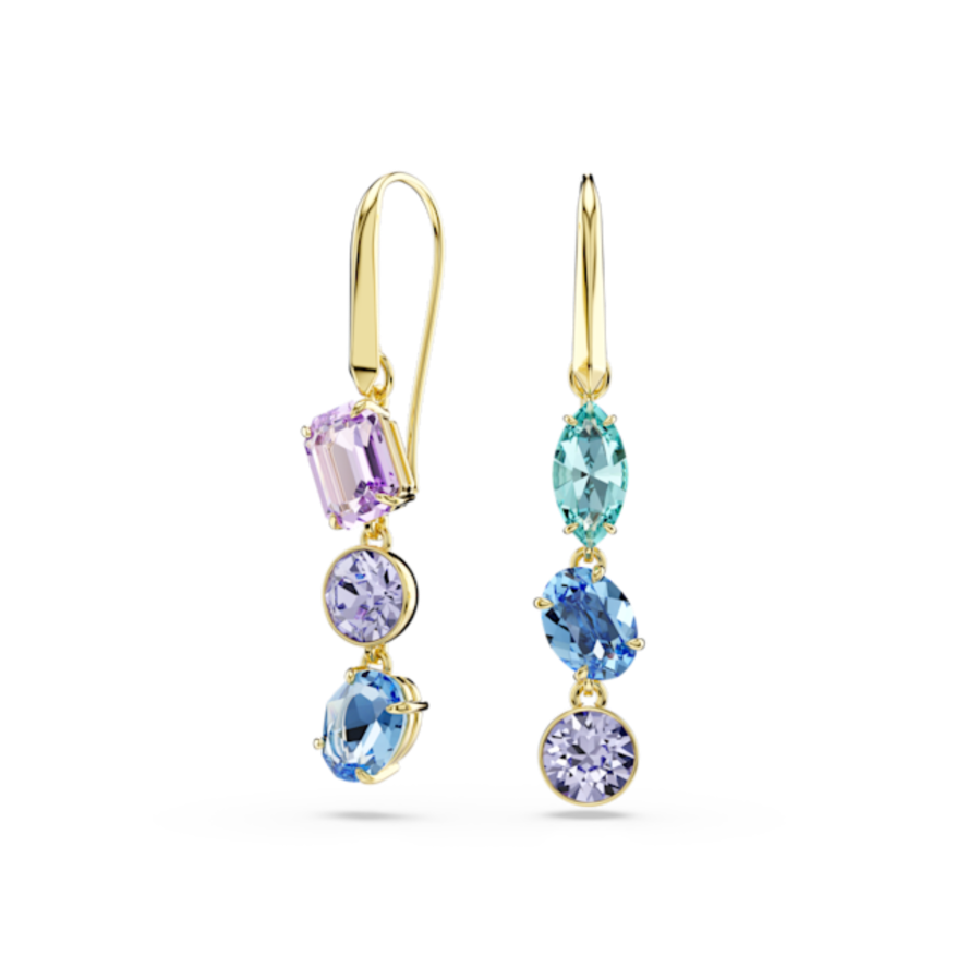 Resim Gema damla küpeler, Asimetrik tasarım, Karışık kesimler, Çok renkli, Altın rengi kaplama