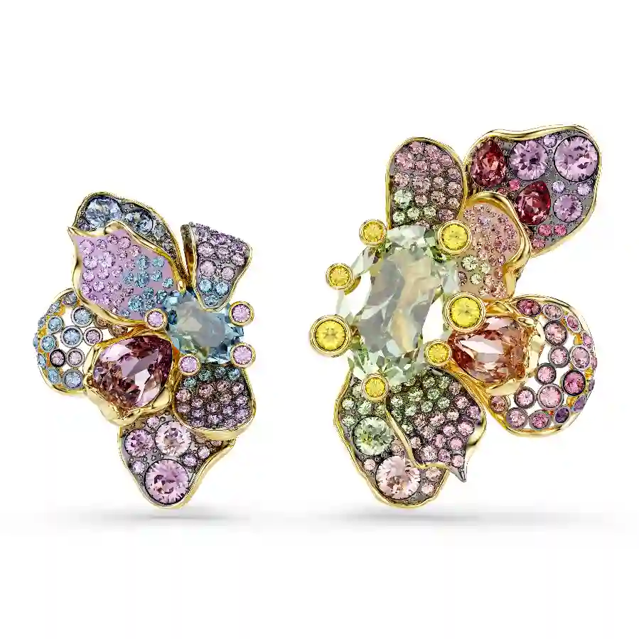 Resim Idyllia Klipsli Küpeler, Asimetrik tasarım, Karışık kesimler, Pavé, Çiçek, Çok renkli, Altın rengi kaplama