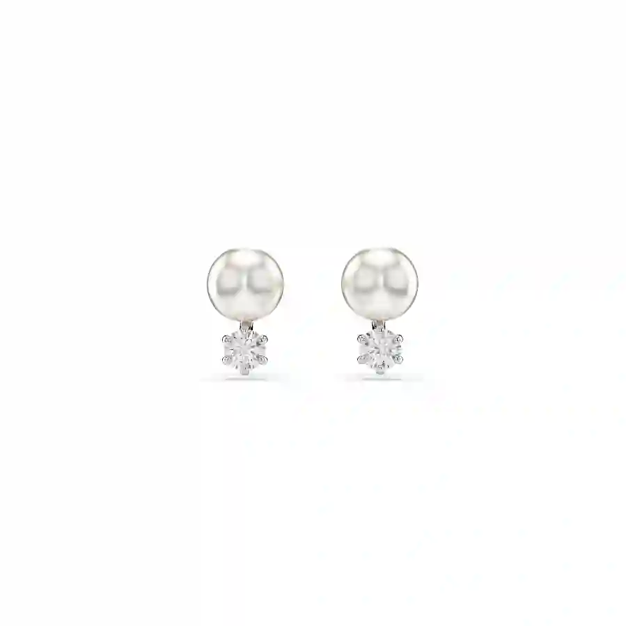 Resim Matrix düğme Küpeler, Kristal inci, Yuvarlak kesim, Beyaz, Rodyum kaplama