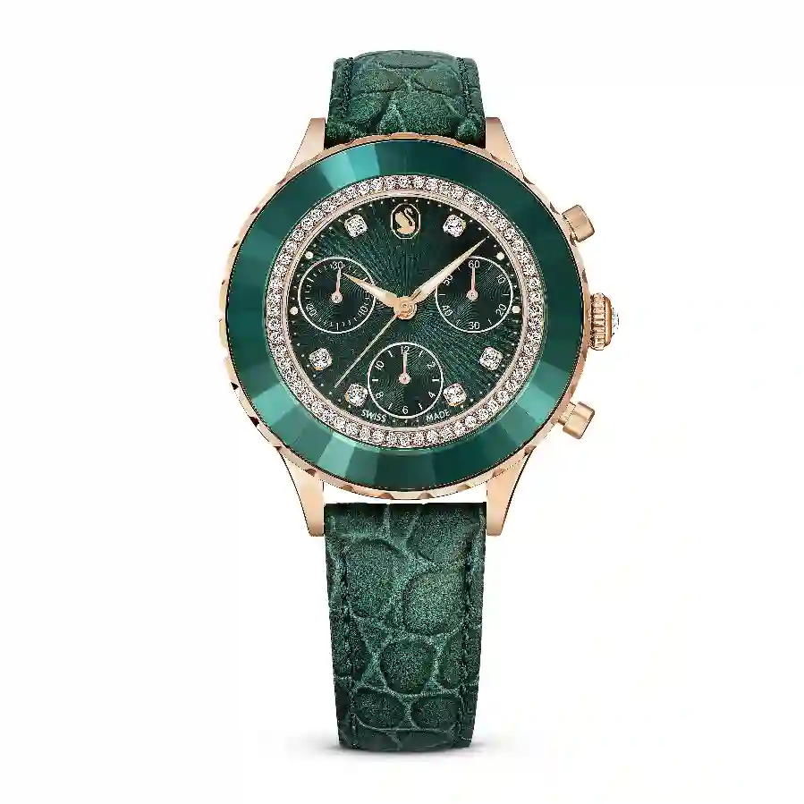 Resim Octea Chrono Saat, İsviçre Üretimi, Deri kayış, Yeşil, Pembe altın rengi yüzey