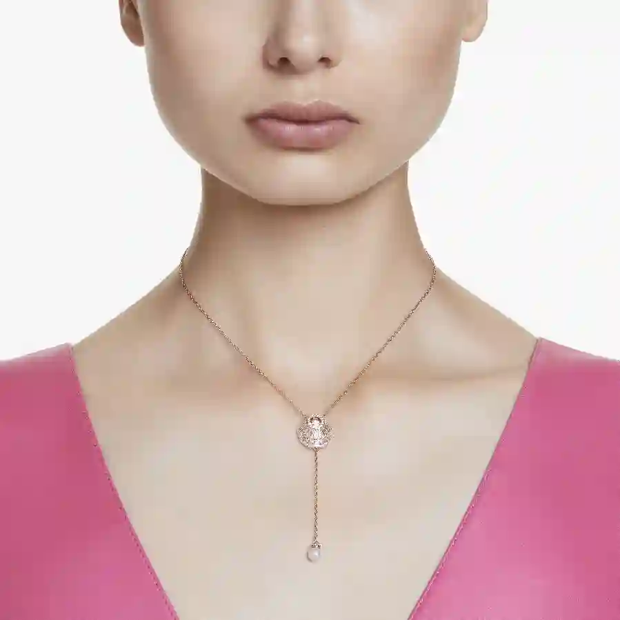 Resim Idyllia Y Kolye, Kristal inci, Deniz Kabuğu, Beyaz, Pembe altın rengi kaplama