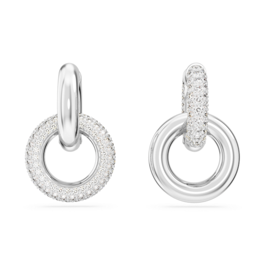 Resim Dextera halka küpeler, Asimetrik tasarım, Kilitlenmiş döngü, Beyaz, Rodyum kaplama