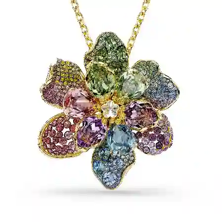 Resim Idyllia Kolye ve broş, Karışık kesimler, Pavé, Çiçek, Çok renkli, Altın rengi kaplama