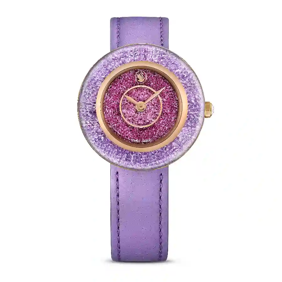 Resim Crystalline lustre Saat, İsviçre Üretimi, Deri kayış, Mor, Pembe altın rengi yüzey