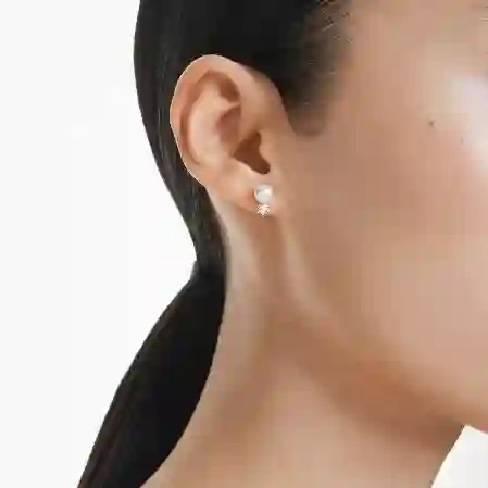 Resim Matrix düğme Küpeler, Kristal inci, Yuvarlak kesim, Beyaz, Rodyum kaplama