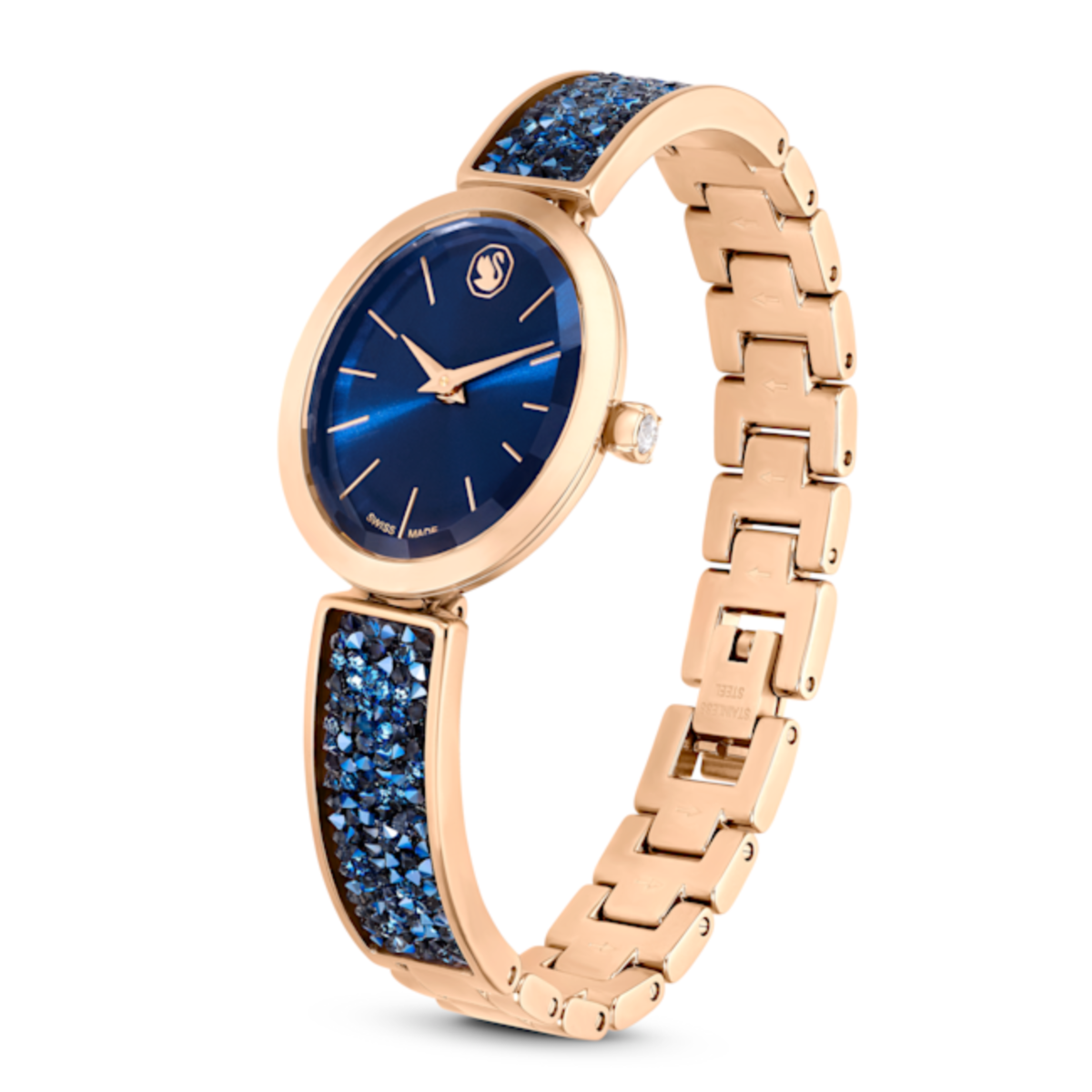 Resim Crystal Rock Oval Saat, İsviçre Üretimi, Kristal bileklik, Mavi, Pembe altın rengi yüzey