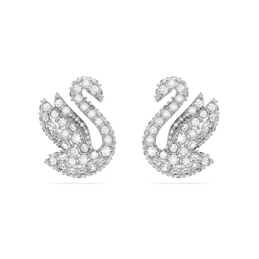 Resim Swarovski Iconic Swan düğme Küpeler, Kuğu, Beyaz, Rodyum kaplama
