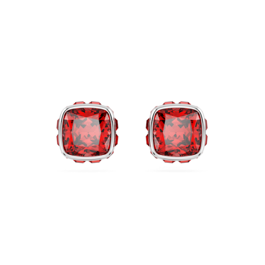 Resim Birthstone düğme Küpeler, Kare kesim, Temmuz, Kırmızı, Rodyum kaplama