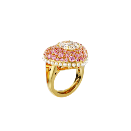 Resim Idyllia Kokteyl Yüzüğü, Sekizgen kesim, Kristal inciler, Kalp, Pembe, Altın rengi kaplama