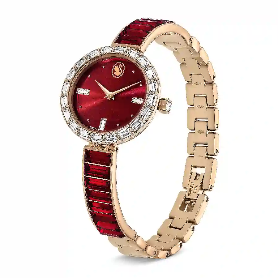 Resim Matrix Bangle Saat, İsviçre Üretimi, Kristal bileklik, Kırmızı, Pembe altın rengi yüzey