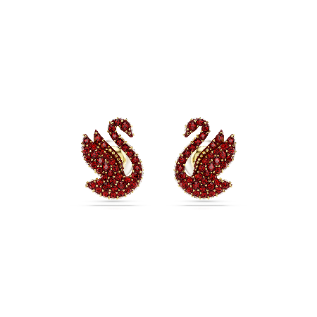 Resim Swarovski Iconic Swan düğme Küpeler, Kristal inci, Kuğu, Kırmızı, Altın rengi kaplama