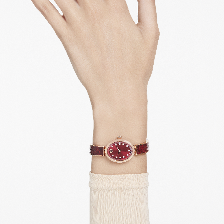 Resim Crystal Rock oval Saat, İsviçre Üretimi, Metal bileklik, Kırmızı, Pembe altın rengi yüzey