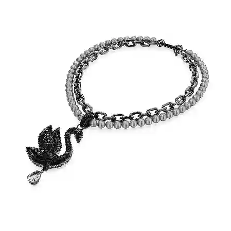 Resim Swan Gerdanlık ve broş, Kristal inci, Kuğu, Siyah, Rutenyum kaplama