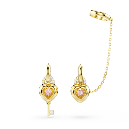 Resim Idyllia Kelepçe küpeli damla küpe, Karışık kesimler, Anahtarlı kalp, Pembe, Altın rengi kaplama