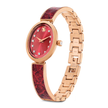 Resim Crystal Rock oval Saat, İsviçre Üretimi, Metal bileklik, Kırmızı, Pembe altın rengi yüzey