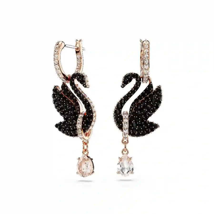 Resim Swan damla küpeler, Kuğu, Siyah, Pembe altın rengi kaplama