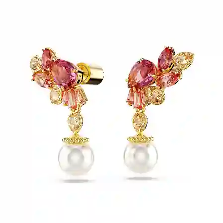 Resim Gema damla küpeler, Karışık kesimler, Kristal inciler, Çiçek, Pembe, Altın rengi kaplama