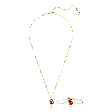 Resim Swarovski Iconic Swan Set, Kristal inci, Kuğu, Kırmızı, Altın rengi kaplama
