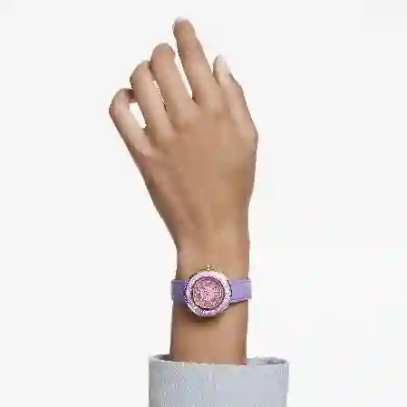 Resim Crystalline lustre Saat, İsviçre Üretimi, Deri kayış, Mor, Pembe altın rengi yüzey