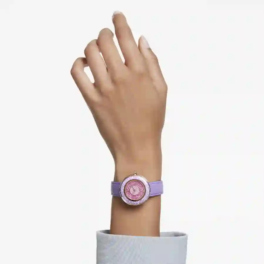 Resim Crystalline lustre Saat, İsviçre Üretimi, Deri kayış, Mor, Pembe altın rengi yüzey