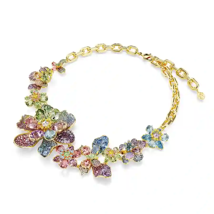 Resim Idyllia Kolye, Karışık kesimler, Pavé, Çiçek, Çok renkli, Altın rengi kaplama