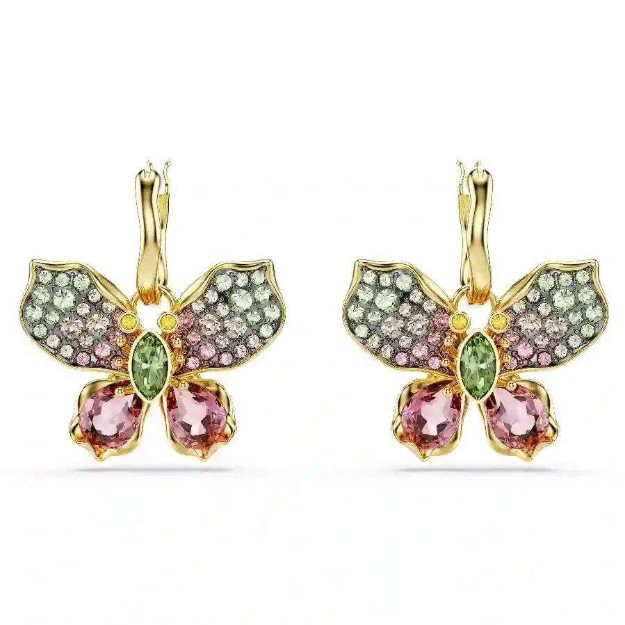 Resim Idyllia damla küpeler, Karışık kesimler, Pavé, Kelebek, Çok renkli, Altın rengi kaplama